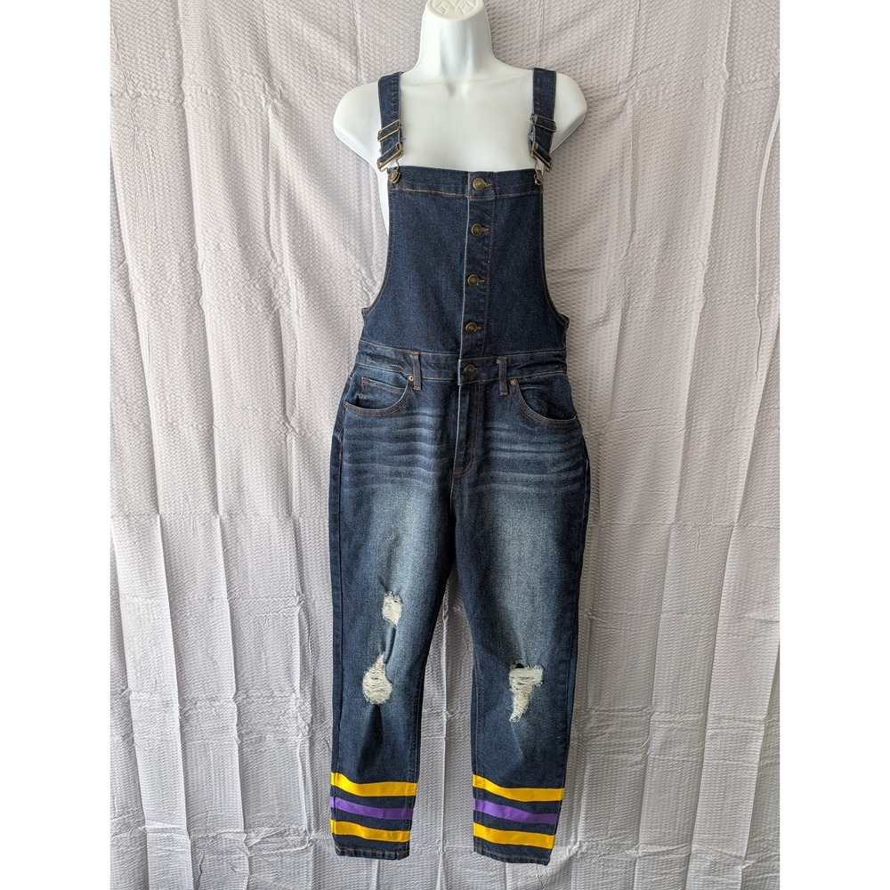 No Boundaries Juniors Distressed Denim Overalls Button Front Dark Wash 11-13